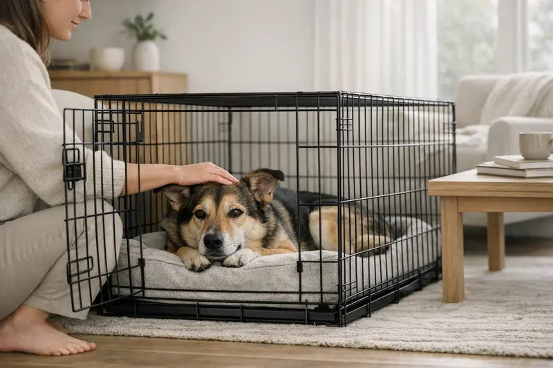 Ein entspannter Hund liegt zufrieden in seiner Box in einer ruhigen Wohnumgebung, was einen idealen Rückzugsort darstellt.