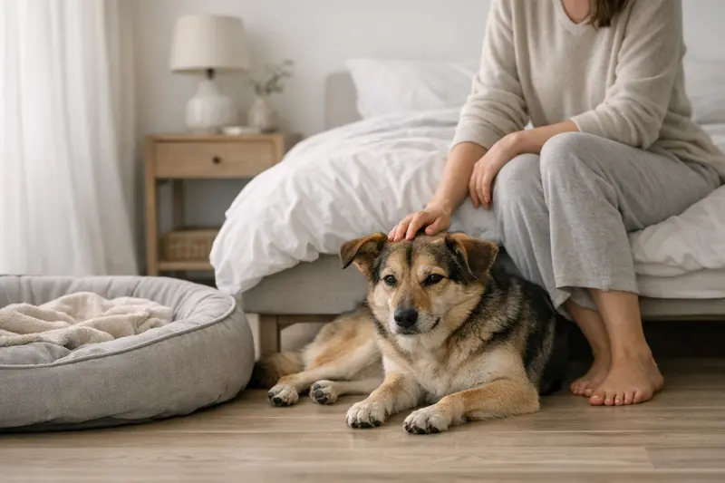 Ein entspannter Hund liegt neben dem Hundebett im Schlafzimmer und genießt die Ruhe.