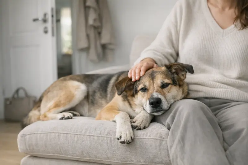 Ein entspannter Hund liegt zu Hause, während die Tür im Hintergrund einen Alltag zeigt, der mit dem Thema Alleinbleiben verbunden ist.