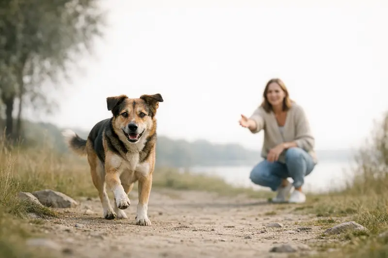 Ein Hund wird im Park von seinem Halter zurückgerufen, was die Rufbarkeit und Alltagstauglichkeit betont.