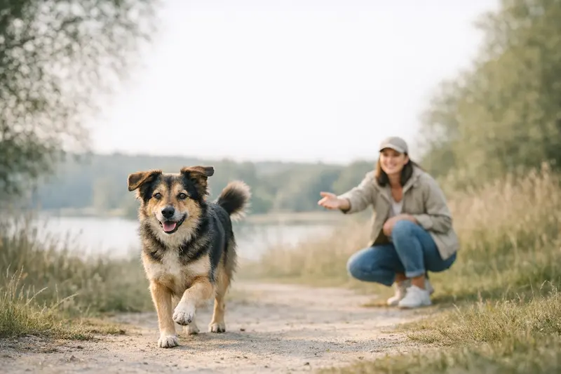Ein Hund wird von seinem Besitzer während eines Spaziergangs zurückgerufen, was seine gute Erziehung zeigt.