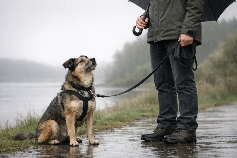 Ein Hund geht bei Regen mit seinem Halter spazieren und zeigt Verantwortung im Alltag.