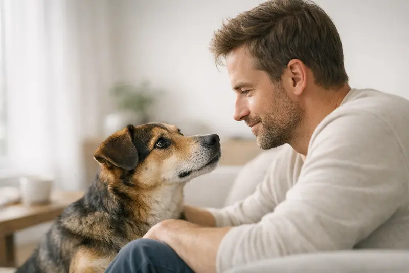 Ein Hund schaut aufmerksam seine Halterin an, während sie in einer ruhigen Wohnsituation kommunizieren.
