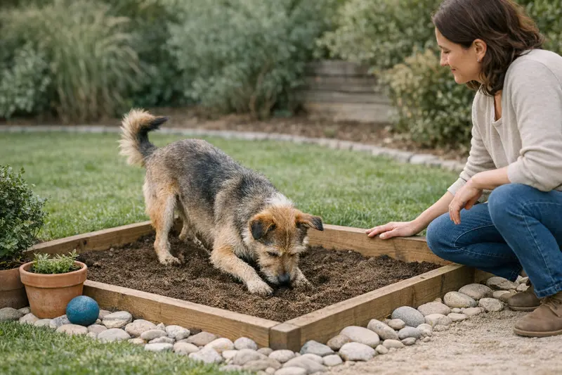Ein glücklicher Hund buddelt in einer klar abgegrenzten Buddelecke im Garten.