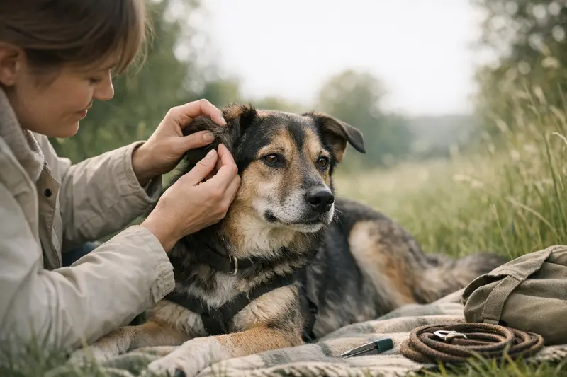 Ein ruhiger Hund steht auf einer Wiese nach dem Spaziergang, umgeben von frischem Grün und einem Zecken-Kontext.