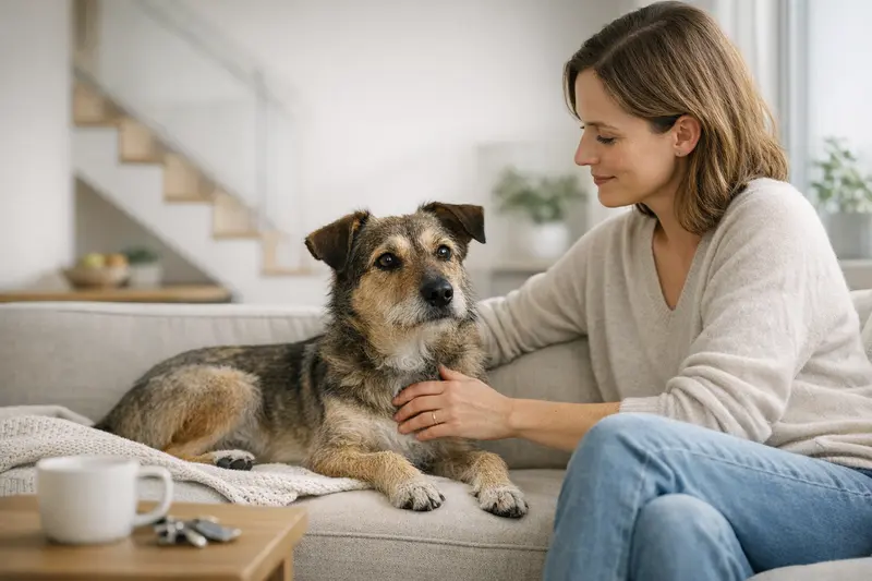 Ein Hund liegt entspannt auf einem Teppich in einem gemütlichen Wohnzimmer und vermittelt ein Gefühl von Alltagssicherheit.