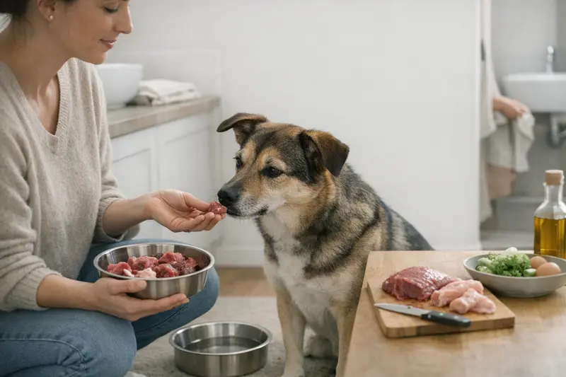 Ein gesunder Hund genießt seine Mahlzeit in einer modernen Küche, während der Halter die Hygiene im Blick behält.
