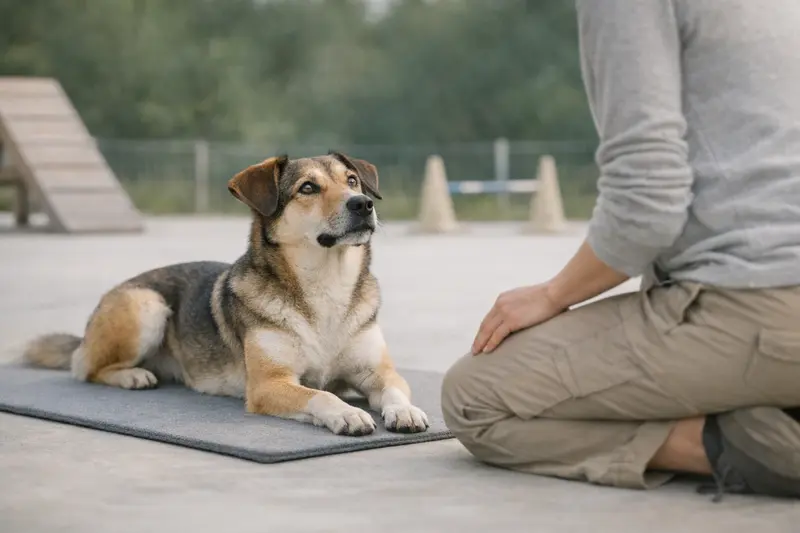 Ein konzentrierter Hund sitzt in einer Trainingsumgebung und zeigt Gehorsam.