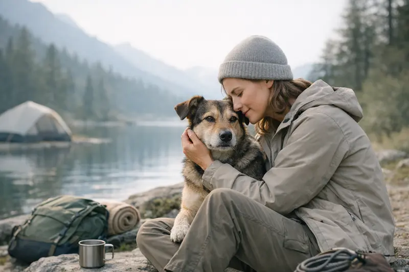 Ein Hund mit einem Rucksack auf einem Wanderweg in der Natur
