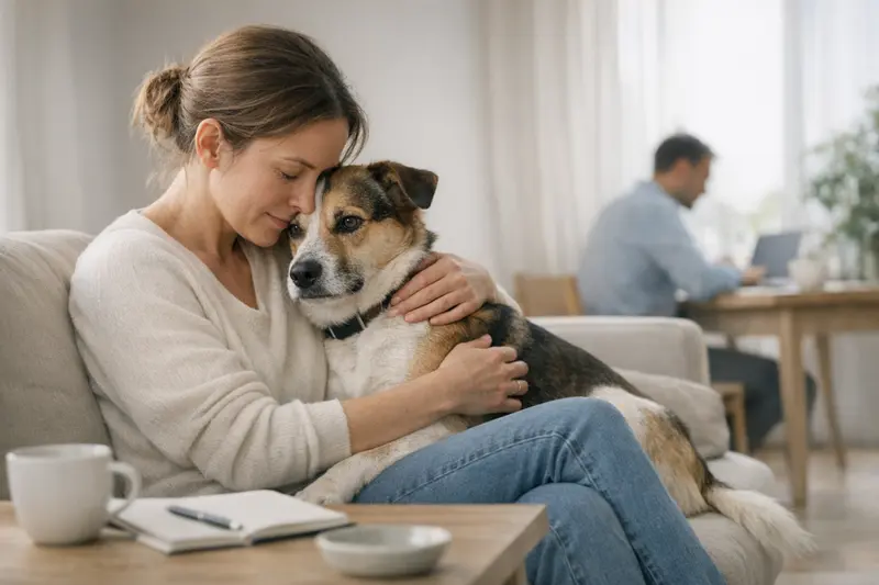 Ein freundlicher Hund entspannt im Wohnambiente mit seiner Familie.