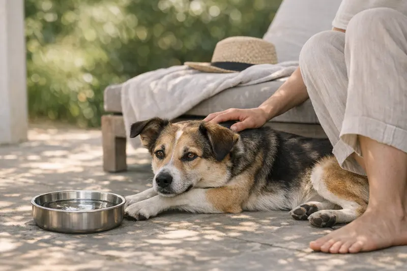Ein entspannter Hund sitzt im Schatten neben einem Wassernapf an einem sonnigen Sommertag.