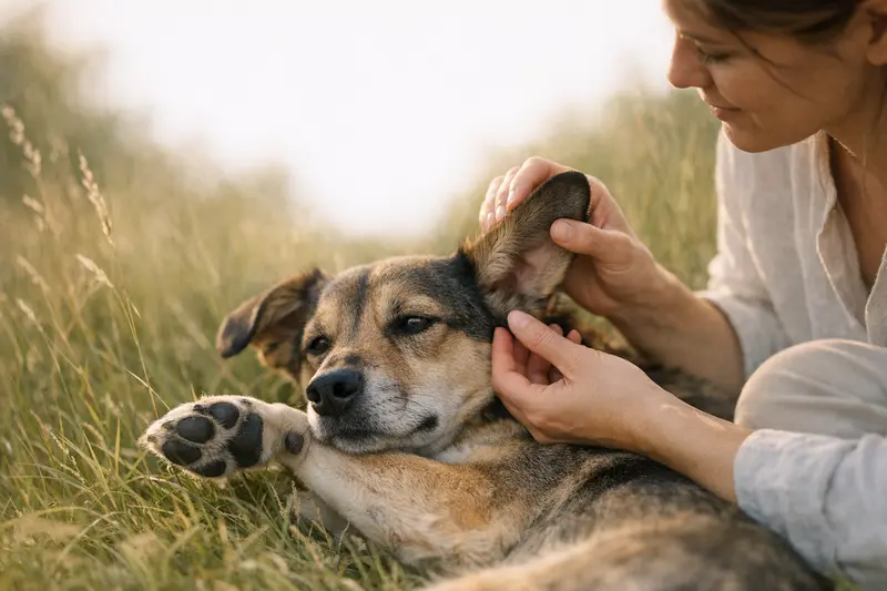 Ein gesunder Hund steht im Spätsommer-Gras mit Fokus auf seine Ohren und Pfoten, typischen Befallsstellen.