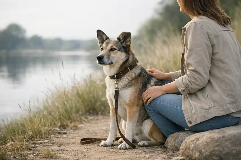 Ein entspannter Hund geht an einer Leine, während er mit seinem Halter durch einen ruhigen Park spaziert.