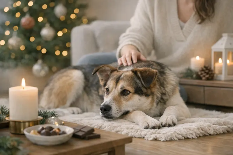 Ein Hund sitzt im weihnachtlich dekorierten Wohnzimmer und blickt auf die im Hintergrund sichtbaren Risikoelemente wie Kerzen und Schokolade.