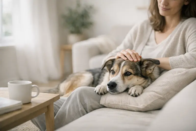 Ein entspannter Hund sitzt in einem modernen Wohnraum und sorgt für eine saubere Atmosphäre.