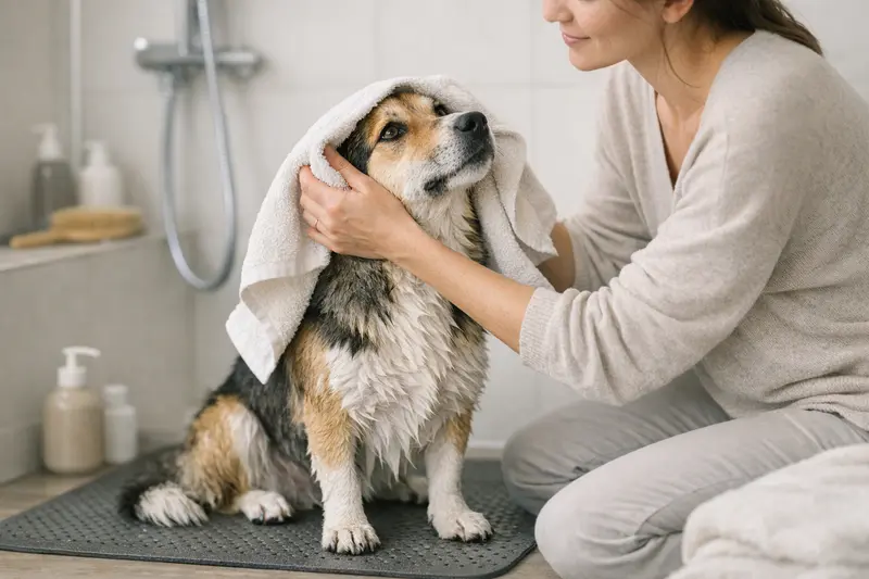 Ein ruhiger Hund wird in einer gepflegten Badewanne auf einer rutschfesten Unterlage gereinigt.