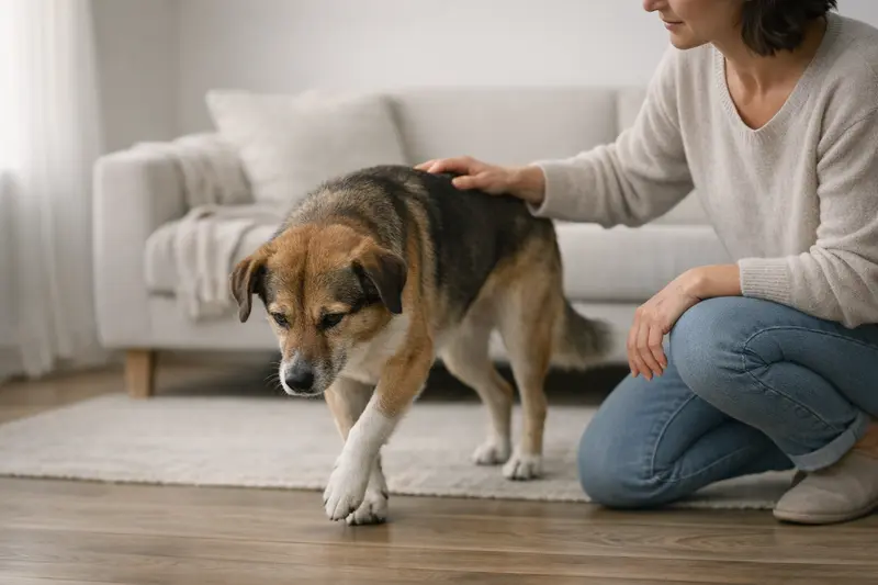Ein Hund zeigt eine Schonhaltung beim Laufen, um das Thema Lahmheit darzustellen.