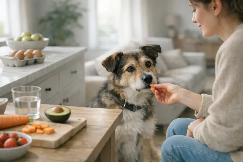 Ein Hund sitzt in einer modernen Küche und beobachtet aufmerksam die Lebensmittel auf dem Tisch, was auf die Bedeutung von Prävention hinweist.