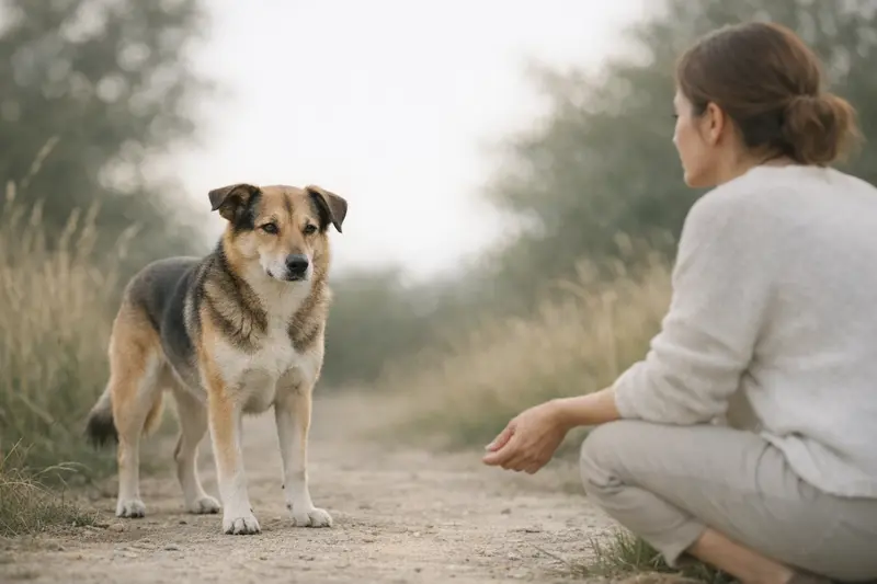 Ein ruhiger Hund zeigt Körpersprache zur Deeskalation in einer entspannten Situation.