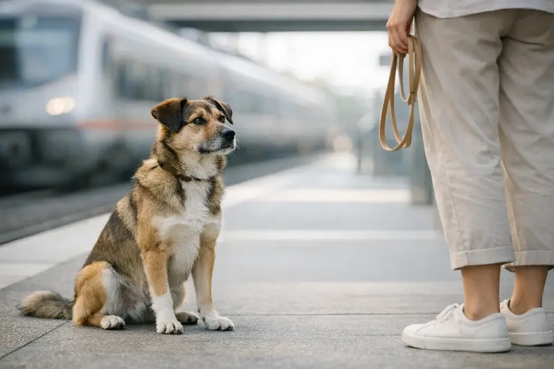 Ein Hund wartet geduldig in einer kontrollierten Alltagssituation und zeigt Impulskontrolle.