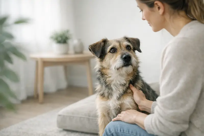 Ein Hund in einer neuen Umgebung zeigt Vertrauen und die Entscheidungssituation für Tierhalter.