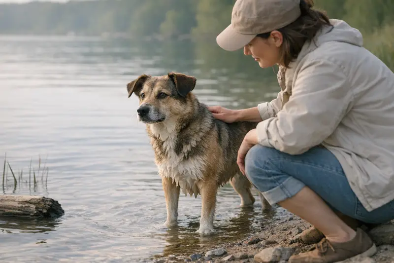Ein glücklicher Hund spielt im Wasser eines klaren Sees.