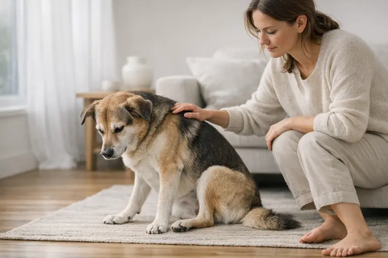 Ein entspannter Hund liegt in einem ruhigen Haushalt und zeigt eine Schonhaltung seines Bewegungsapparates.