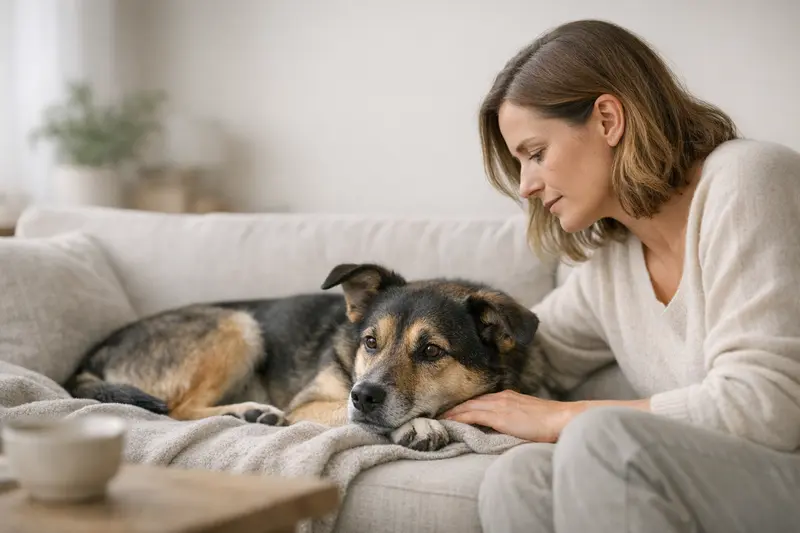 Ein Hund beobachtet aufmerksam seine Umgebung und zeigt eine ruhige Alltagsatmosphäre, ideal zur Schmerzerkennung.