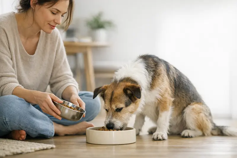 Ein entspannter Hund sitzt in seinem Fressnapf und genießt sein Futter in einer ruhigen Alltagssituation.
