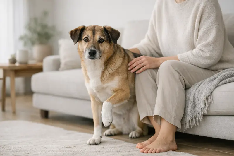 Ein Hund mit leicht entlasteter Pfote in einer ruhigen Alltagsszene, der entspannt im Wohnzimmer liegt.