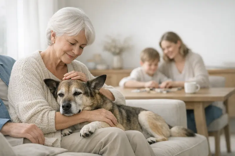 Ein älterer Hund entspannt sich in einer ruhigen Alltagsszene mit einer Familie.