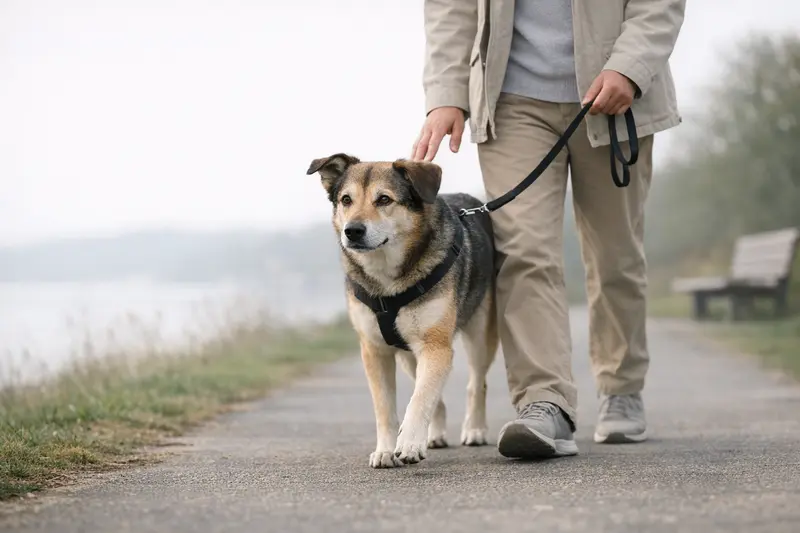 Ein Hund in ruhiger Bewegung, der Lebensfreude und Aktivität ausstrahlt und das Thema Hüftdysplasie sanft einführt.