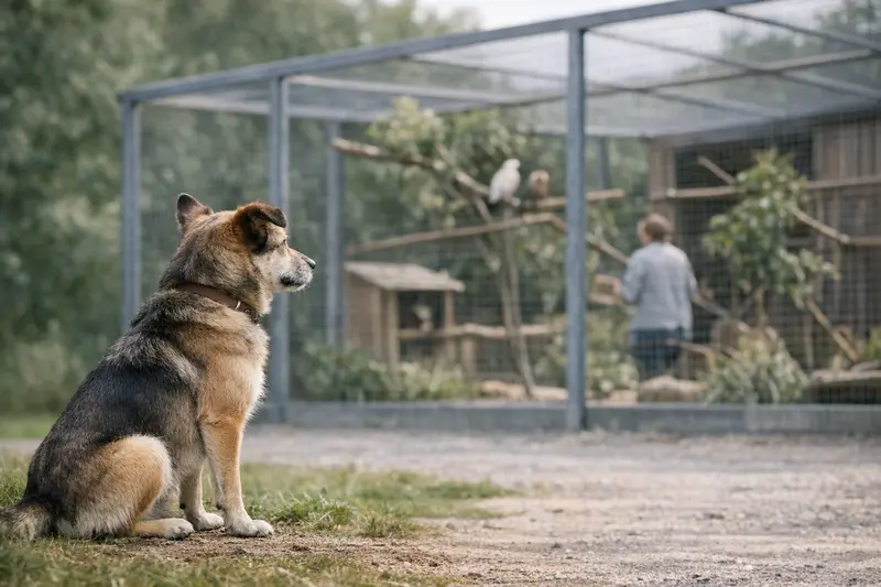 Ein Hund steht ruhig in der Nähe eines gesicherten Geheges, was Kontrolle und Sicherheit signalisiert.