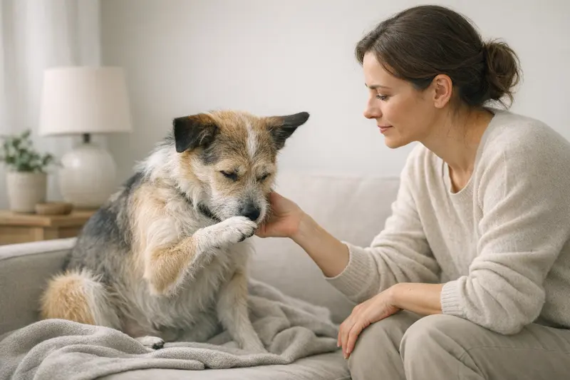 Ein entspannter Hund ruhend in einem hellen Raum, der ein Zeichen von Husten zeigt.