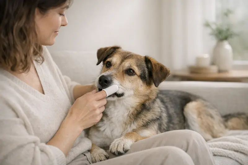 Ein entspannter Hund in einer Pflegesituation mit Zahnbürste zur Förderung der Mundhygiene.