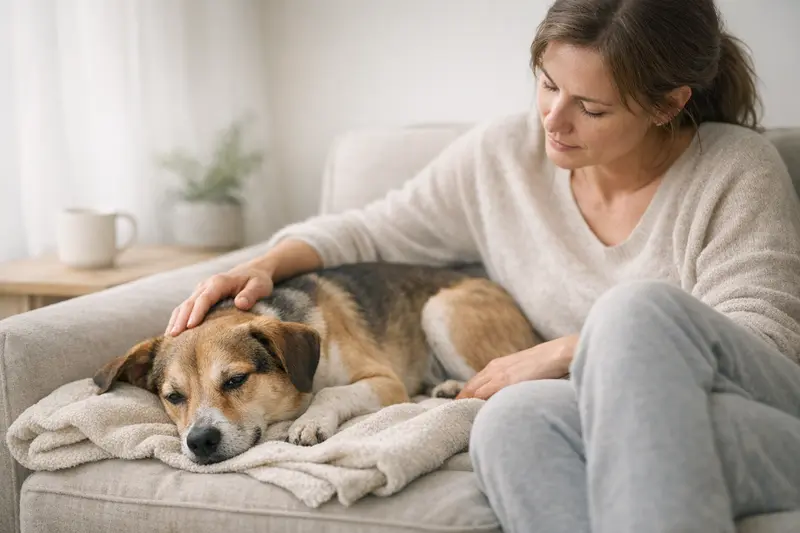 Ein ruhiger Hund liegt entspannt auf einer Decke und zeigt Zeichen von Übelkeit, was auf Schonung hindeutet.