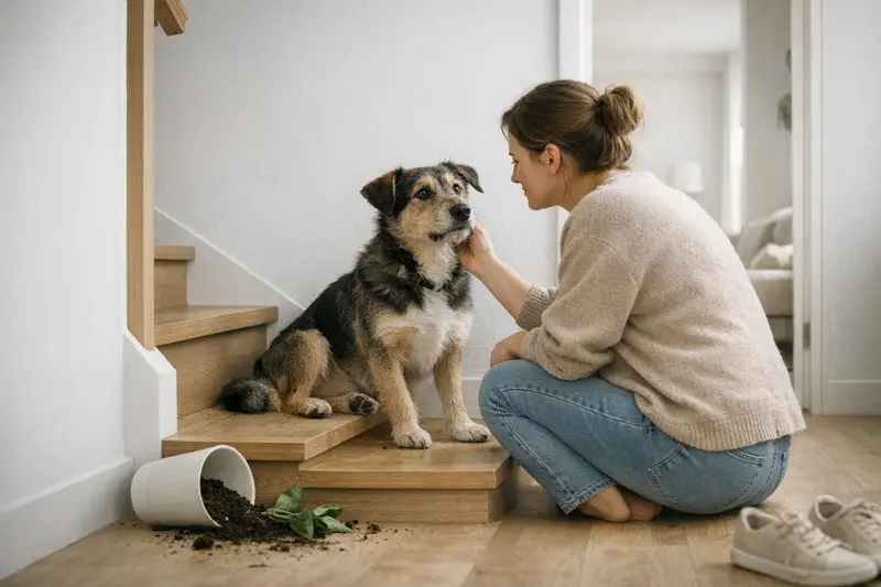 Ein neugieriger Hund steht im Flur und erkundet seine Wohnumgebung, während er in einem sicheren Zuhause lebt.