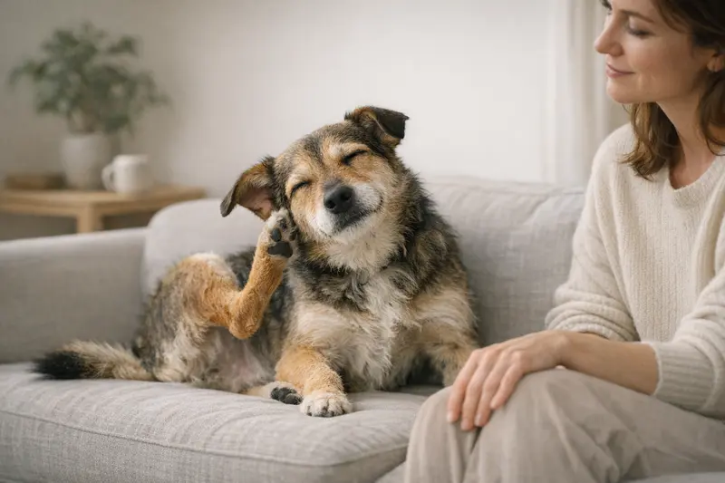 Ein Hund kratzt sich entspannt an seinem Ohr in einer ruhigen, hochwertigen Umgebung.