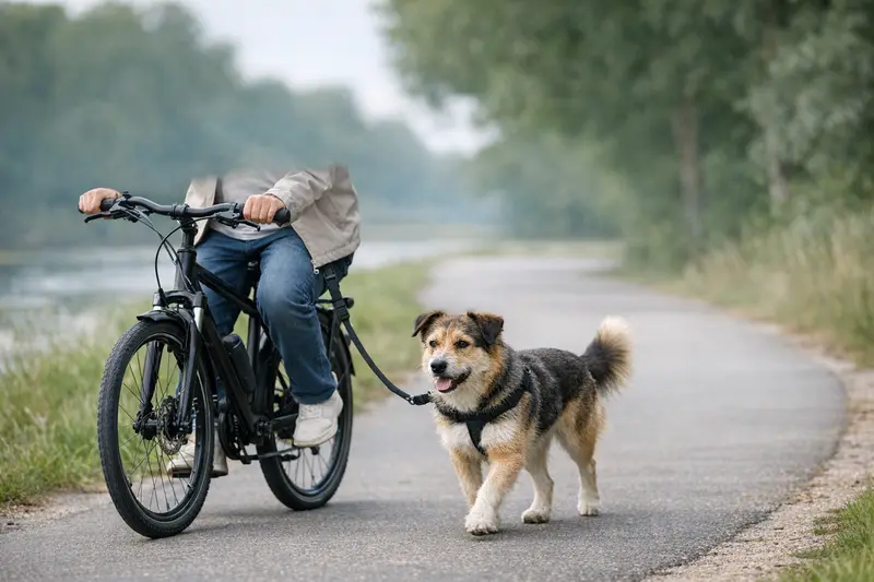 Ein Hund läuft kontrolliert neben einem Fahrrad auf einem ruhigen Weg und befindet sich vorteilhaft verkehrsabgewandt.