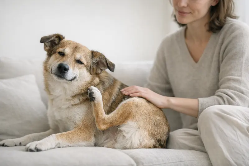 Ruhiger Hund mit gesundem Fell, der entspannt auf einer Wiese liegt und Juckreiz vorbeugt.