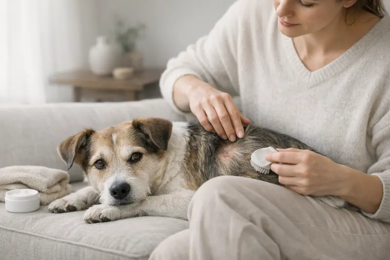 Ein ruhiger Hund bei der Fellpflege, der seine Gesundheit unterstreicht.