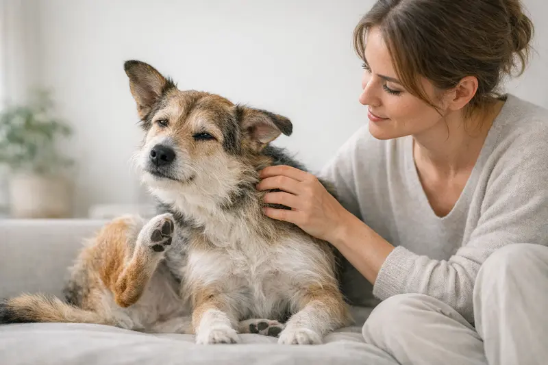Ein gesunder Hund mit glänzendem Fell erhält liebevolle Hautpflege.