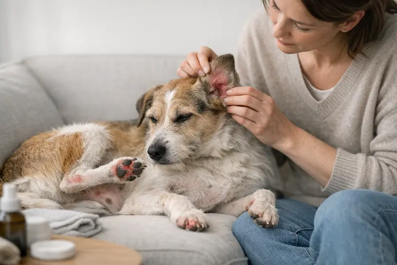 Ein ruhiger Hund mit fokussiertem Blick, der auf Haut- und Ohrprobleme untersucht wird.