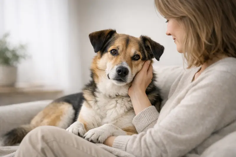 Ein gesunder Hund mit glänzendem Fell in einer ruhigen, neutralen Umgebung.