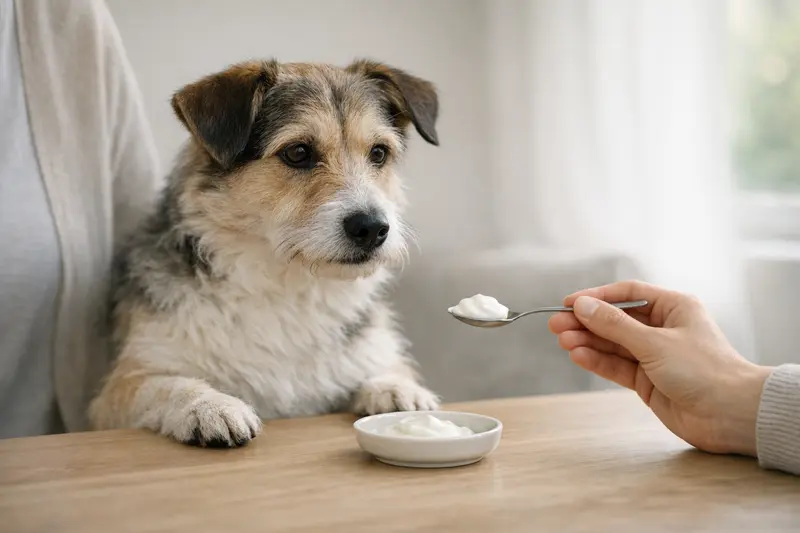 Ein Hund genießt eine kleine Portion Naturjoghurt, die sicher für ihn ausgewählt wurde.