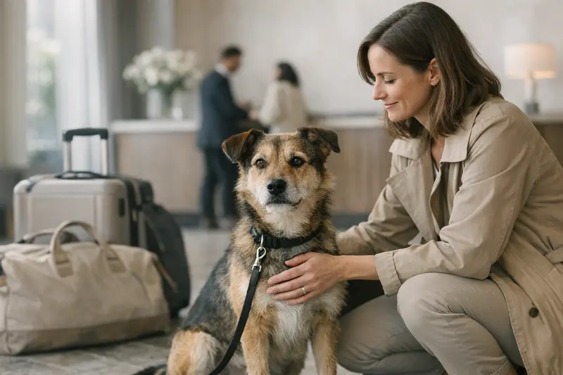 Ein entspannter Hund sitzt in der Hotellobby und erwartet seinen Besitzer, umgeben von modernen Möbeln.
