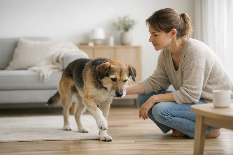 Ein Hund zeigt eine Schonhaltung mit leichtem Humpeln, was auf mögliche gesundheitliche Probleme hindeutet.