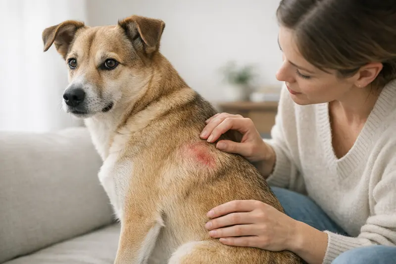 Ein Hund mit einer Hautirritation am Fell, der gesundheitliche Probleme signalisiert.