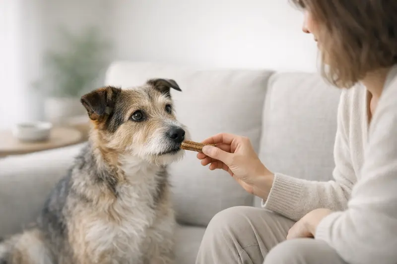 Ein Hund genießt einen gesunden Trainingssnack und zeigt damit, wie Belohnung bewusst gestaltet werden kann.