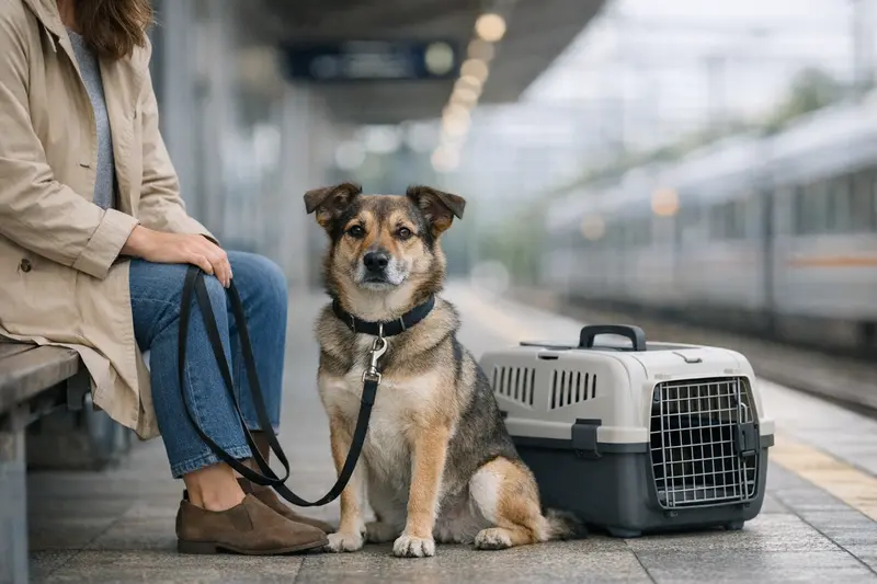 Ein entspannter Hund sitzt in einer Transportbox am Bahnsteig und wartet auf die nächste Bahn.